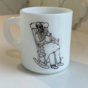 Vintage MCM milk glass grandfather in a rocking chair and poem mug/cup